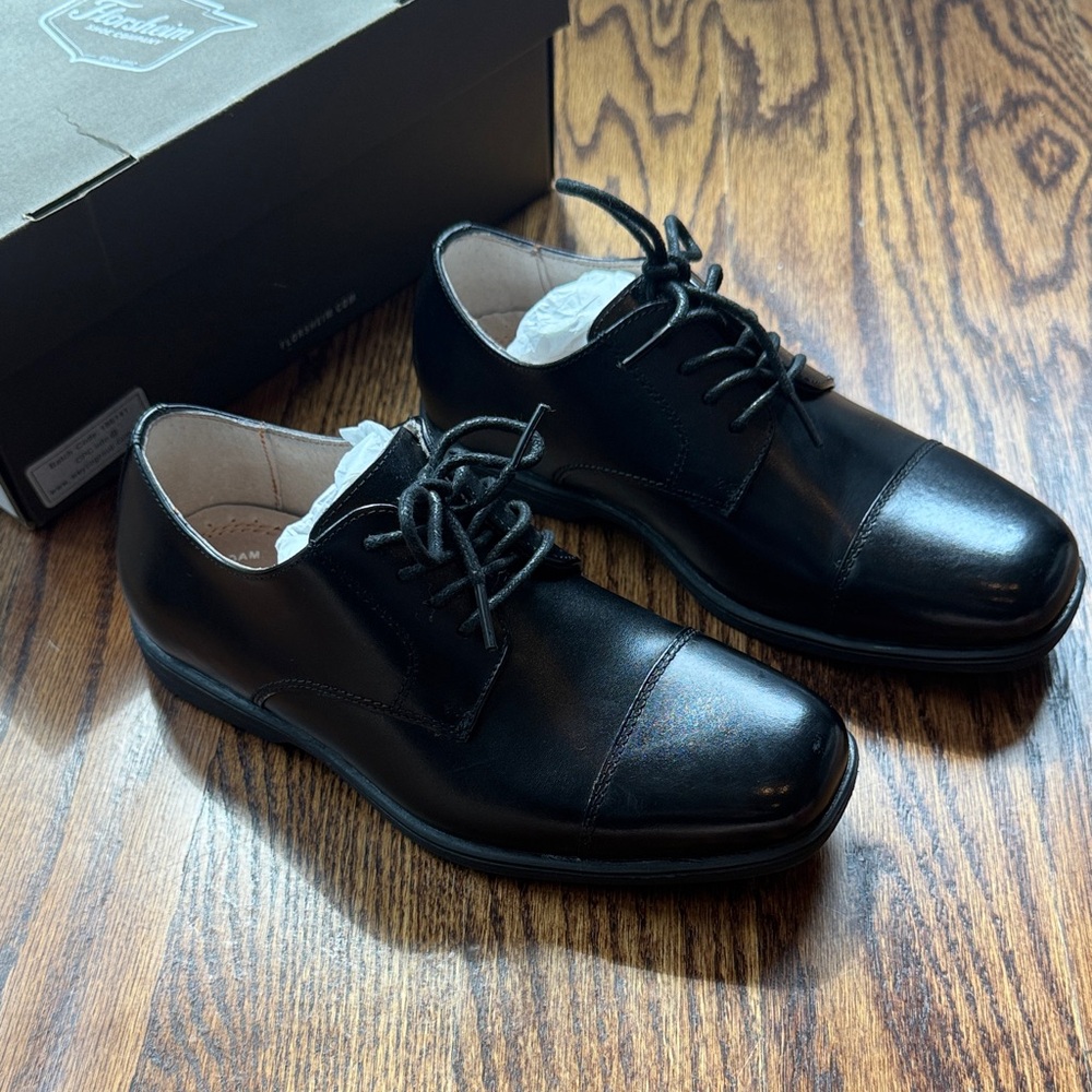 Florsheim Kids Black Leather Cap-Toe Derby Dress Shoes